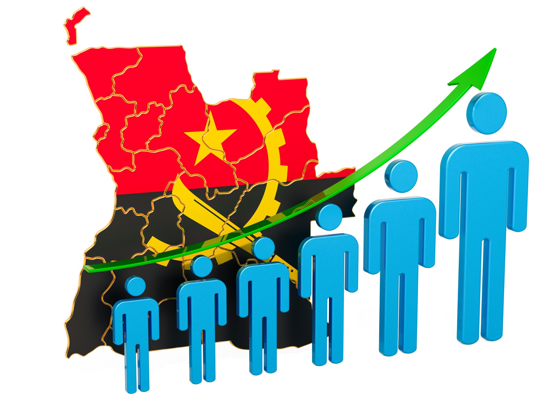 Notation de l’emploi et du chômage ou de la mortalité et de la fertilité en Angola, concept. rendu 3D isolé sur fond blanc