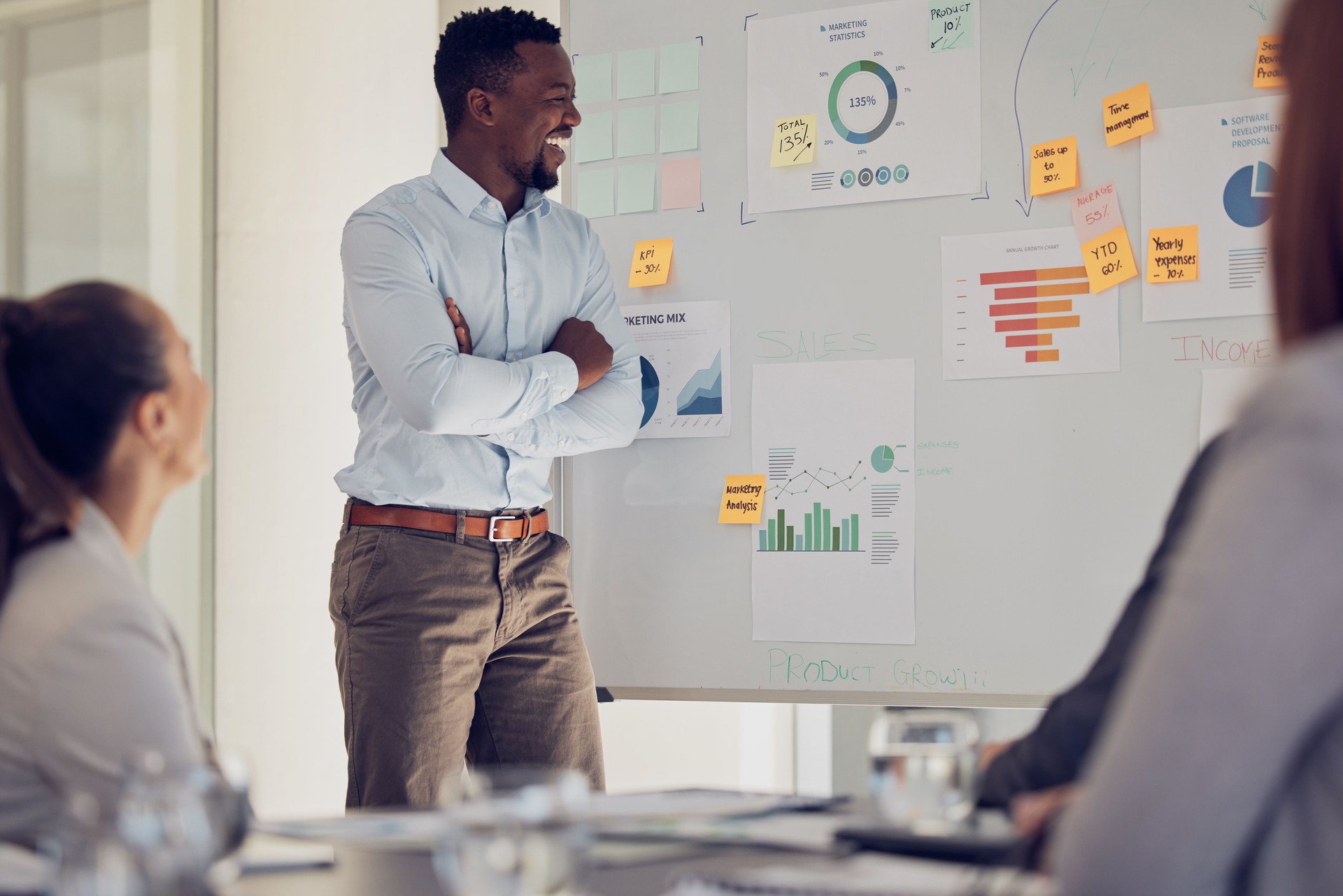 Présentation, stratégie et marketing avec l’homme d’affaires en réunion pour la recherche, l’analyse graphique ou l’atelier de planification. Révision, collaboration ou vision avec les employés consultant pour les objectifs, les données ou la